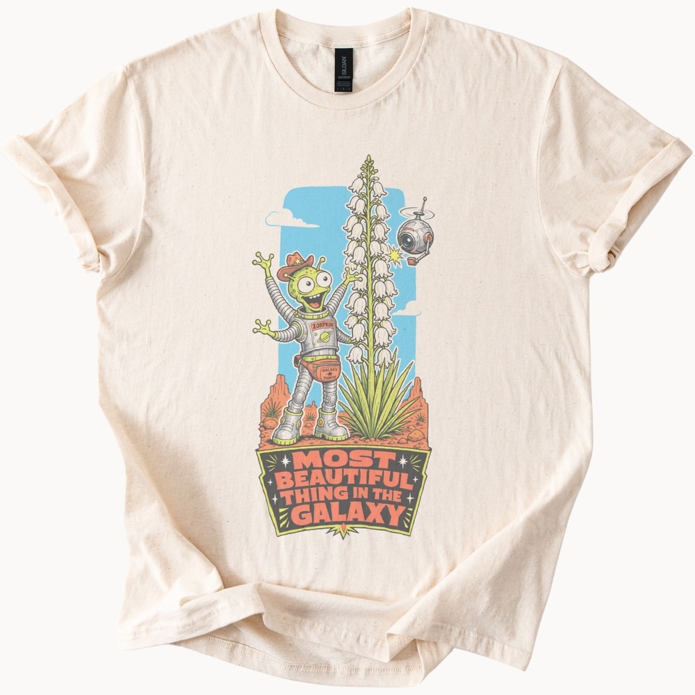 Zorpkin Galaxy Tourist Graphic Tee Playful Alien Adventure Design